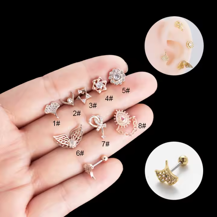 Anillo de barra de labio Labret, extremo de bola, borla, ala, 20G, flor de cristal, Cruz, CZ, cartílago, Tragus, hélice, Piercing, pendientes planos, 2 piezas - 1