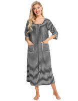 Bata larga con cremallera para mujer, ropa de dormir de longitud completa con bolsillos, camisón de manga 3/4, bata de baño - details 32