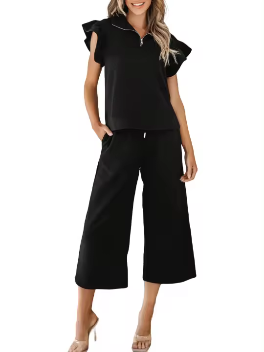 Elrachen Conjunto de pantalones de pierna ancha y top con mangas onduladas texturizadas para mujer, negro, tallas S-XL - 1