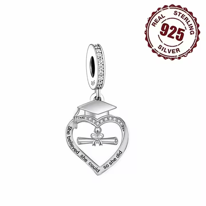 Cuentas de plata 925 con forma de corazón, accesorio con certificado de graduación, compatible con pulsera FINA Original, regalo de joyería de Graduación - 1