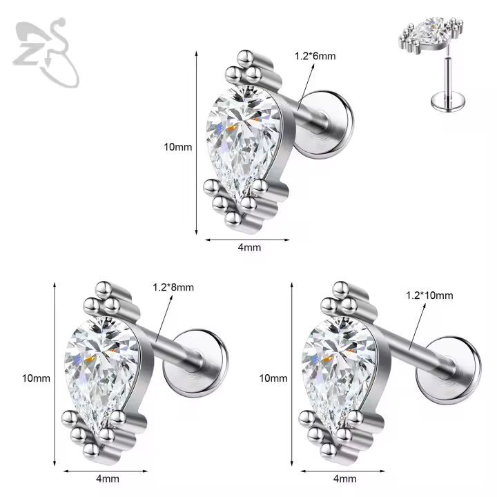 ZS 1 pieza de Piercing de labio Labret de acero inoxidable sin rosca, anillo de labios de cristal CZ, pendiente de Piercing de cartílago hélice Tragus de 16G, 6/8/10MM - 1