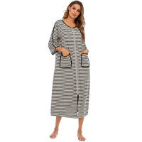 Bata larga con cremallera para mujer, ropa de dormir de longitud completa con bolsillos, camisón de manga 3/4, bata de baño - details 9