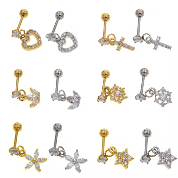 2 uds 6 diseño tragus piercing pendientes cz piercing joyería pendientes pendiente para trago Concha pendientes de cartílago de hélice pendiente - 1