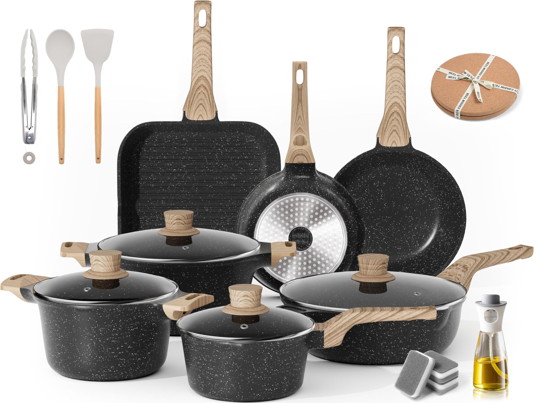 RIOVARM Inducción Juego de ollas y sartenes con Tapas Granito Antiadherente Batería de cocina con sartén grill Juego Esencial de Cocina Olla Sartén Espátulas