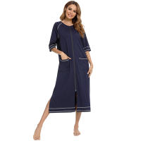 Bata larga de media manga con cremallera para mujer, ropa de dormir de longitud completa, Camisón con bolsillos, bata de baño - details 4