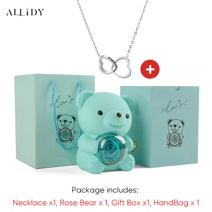 Osito de Rosa Preservada con Collar Personalizado – Regalo Romántico para Navidad, San Valentín, Cumpleaños y Día de la Madre - 1