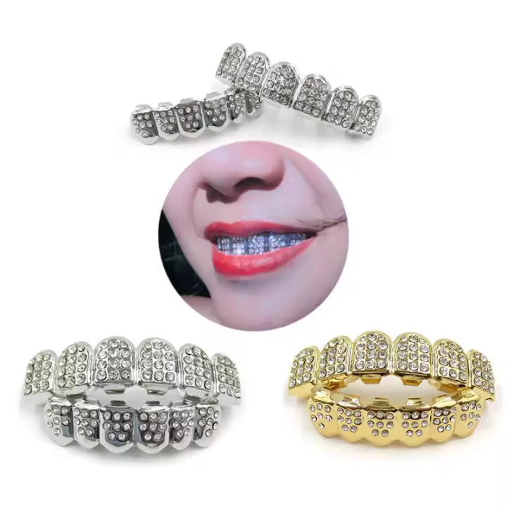 Juego de dientes de plata y oro estilo hip hop para hombre y mujer, joyería brillante, color dorado y plateado, 1 ud. - 1