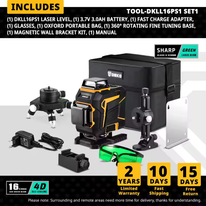 DEKO-Nivel láser autonivelante, herramienta eléctrica, 4D, 16 líneas, 360 horizontal y vertical, rayo verde - 1