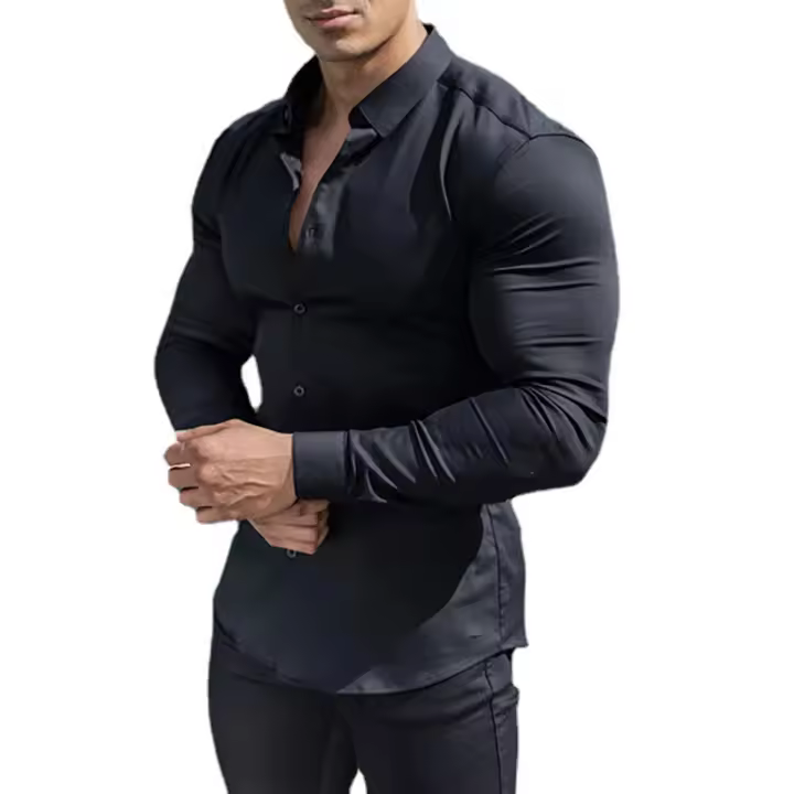 Camisa lisa de manga larga para hombre, ropa deportiva superajustada, informal, a la moda, para negocios y eventos sociales - 1