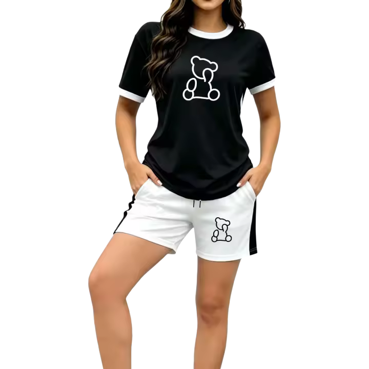 Conjunto De Verano Para Mujer Con Estampado De Oso Cartoon: Camiseta Corta Con Cuello Redondo Y Shorts Bandeado Suave Y Curativo Para Uso Diario Y Salidas Casual - 1