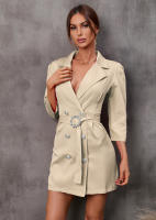 Vestidos de traje informales para mujer, chaqueta de manga de tres cuartos, cuello en V, botones, Beige S - details 3