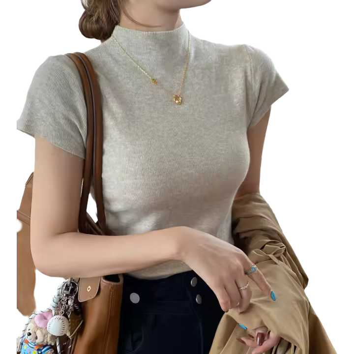 Camiseta De Verano Para Mujer Con Cuello Alto Y Sin Mangas Slim Fit Casual Tees De Estilo Streetwear Básicas De Algodón Y Poliéster - 1