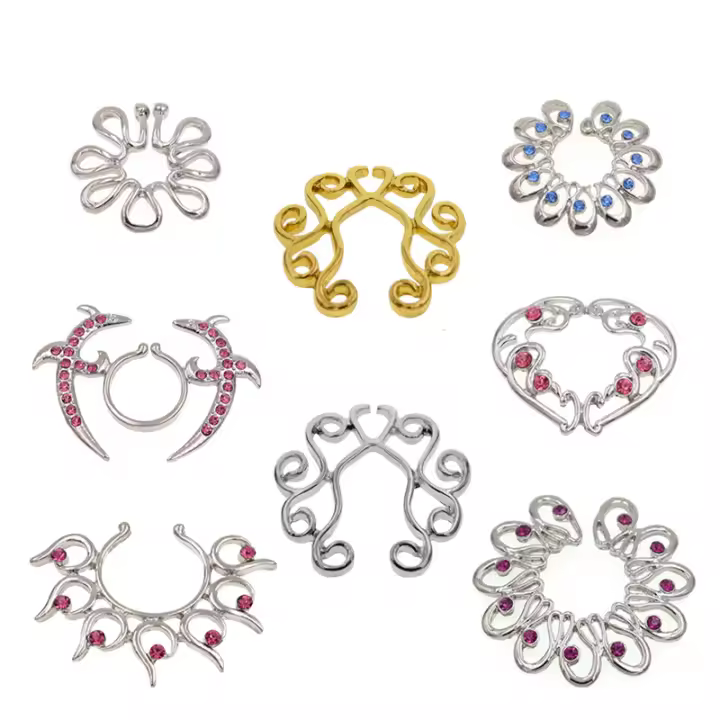 1 par de piercing falso de tamaño ajustable, anillo de acero inoxidable, escudo, joyería corporal, joyería para mujer - 1