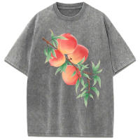 Camisetas lavadas con estampado de melocotones frescos en ramas para mujer, camiseta suave de verano, Top transpirable Y2K, camiseta holgada de algodón de manga corta - details 8