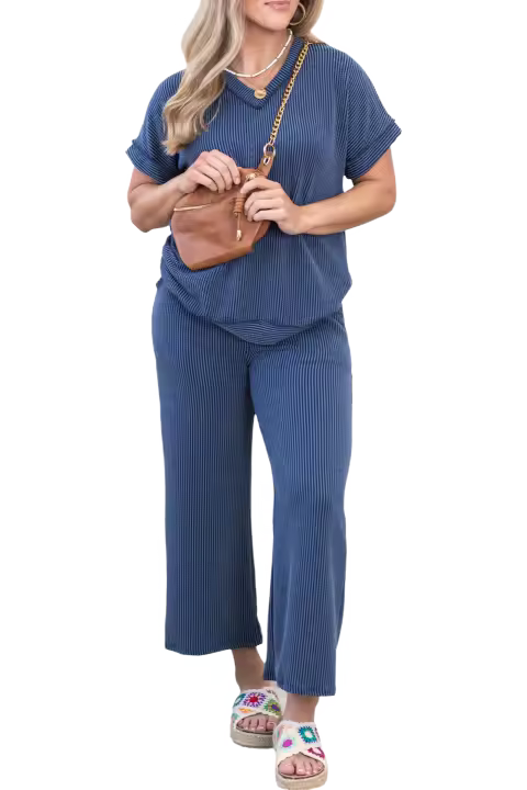 Elrachen Conjunto de camiseta y pantalones de talla grande con cuello en V acanalado para mujer, azul vela, tallas 1X-4X - 1