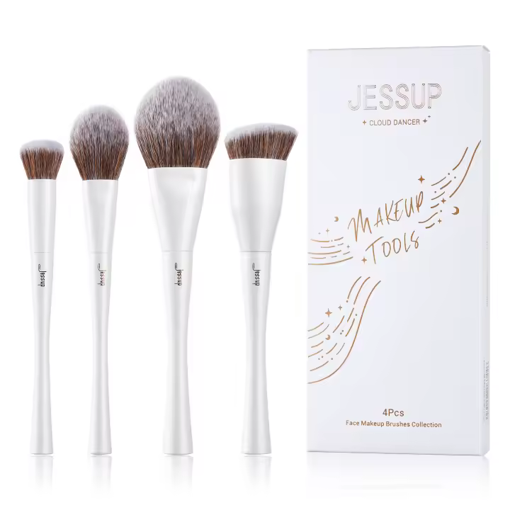 Jessup - Juego de 4 brochas de maquillaje facial para base, corrector, rubor, contorno, polvos e iluminador, color blanco perla T344 - 1