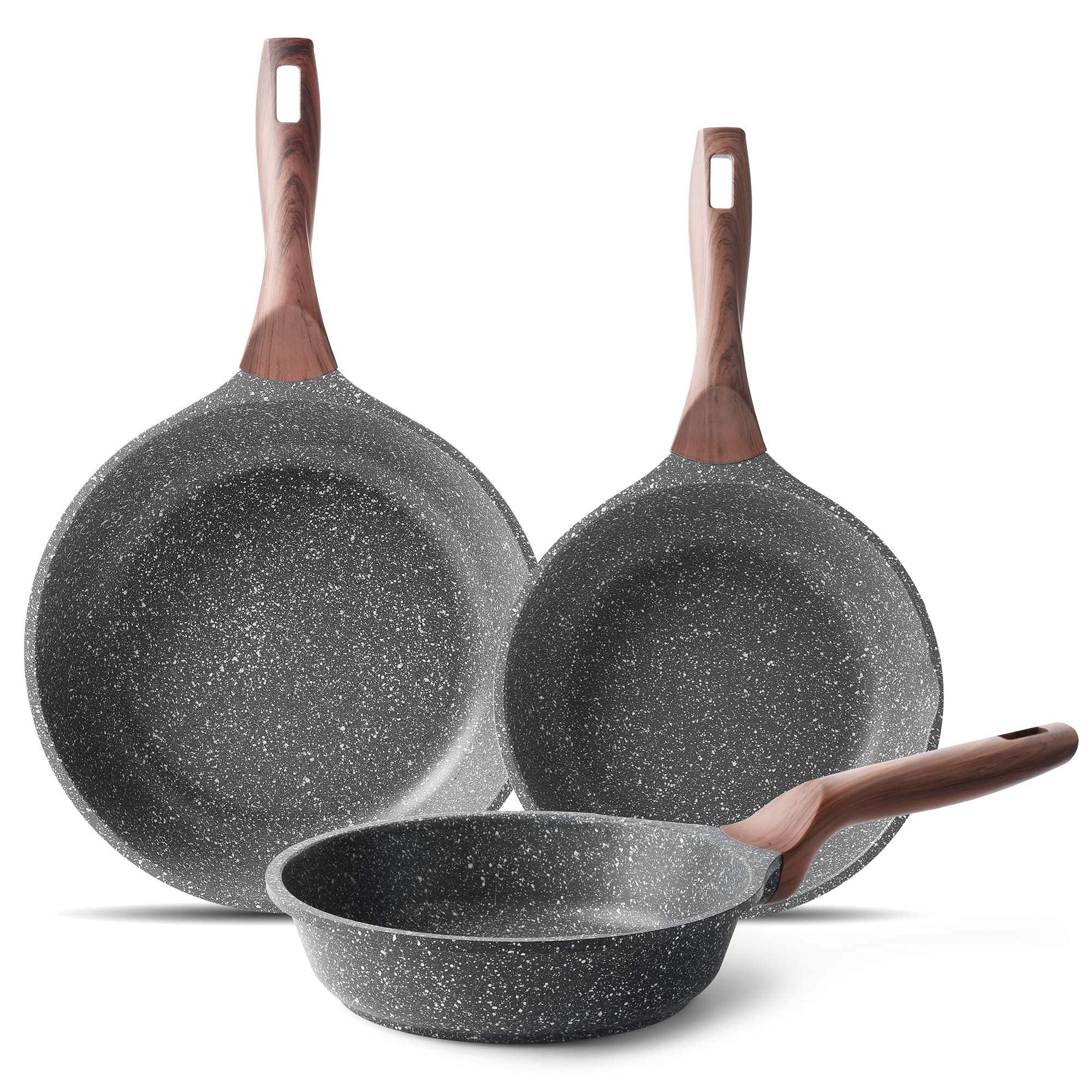 RIOVARM Antiadherente Juego de sartenes Inducción Juego de sartenes con mango resistente al calor Granito Sartén para tortillas sin PFOA Mármol Batería de cocina para varias estufas 20cm 24cm 28cm