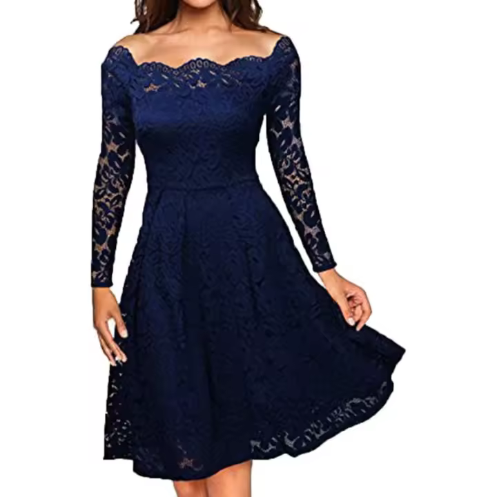 Vestido de fiesta de encaje de manga corta sin tirantes a la moda para mujer - 1