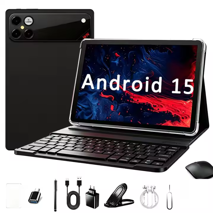 La tableta P30 de 10.1 pulgadas funciona con Android 15, viene con una funda con teclado incluida, ofrece una variedad de opciones de RAM (4/6/8 GB) y almacenamiento (64/128/256 GB), compatible con Wi-Fi 6, y está disponible en negro, plateado, naranja y - 1