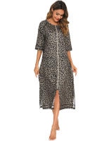 Bata larga de media manga con cremallera para mujer, ropa de dormir de longitud completa, Camisón con bolsillos, bata de baño - details 23