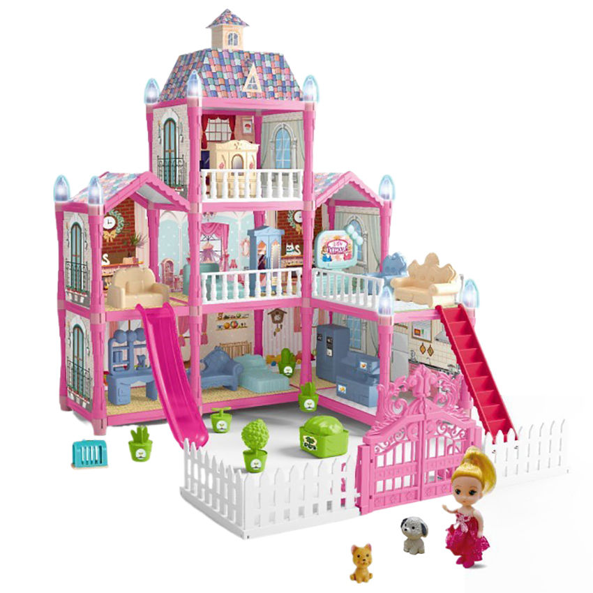 Clásico Kit de Casa de Muñecas DIY de 3 Pisos y 8 Habitaciones Príncesa, Cachorros, Muebles, Accesorios Regalo Perfecto para Niños