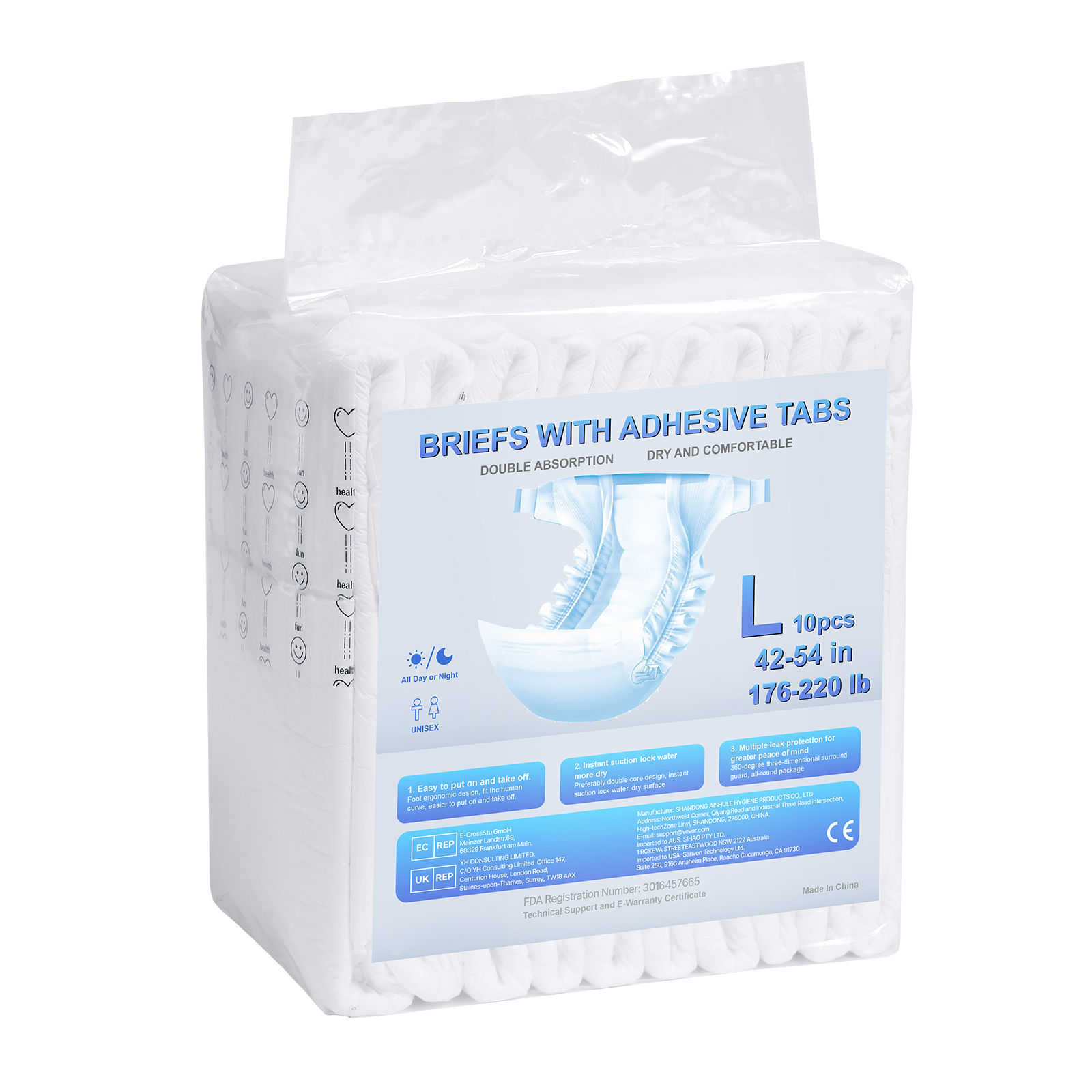 Pañales para Adultos SucceBuy con Tiras, Pañales para Incontinencia Altamente Absorbentes para Hombres y Mujeres, Pañales Desechables con Protección 3D Anti-Fugas e Indicador de Humedad - Talla Grande, 40 Unidades (4 Paquetes de 10)