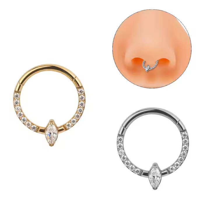 Anillos de aro de segmento con bisagras centrales de piedra Marquesa, Clicker, Labret, Piercing para Tragus de oreja, lado de titanio, CZ, G23 - 1
