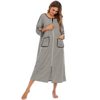 Bata larga con cremallera para mujer, ropa de dormir de longitud completa con bolsillos, camisón de manga 3/4, bata de baño - details 11