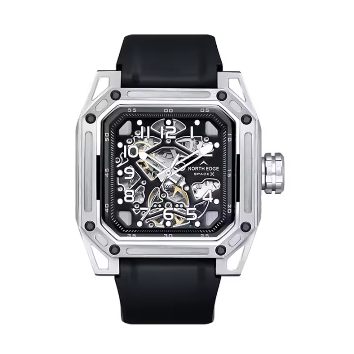 Reloj Mecánico para Hombres NORTH EDGE SPACE X Resistente al Agua 100M para Deportes al Aire Libre y Natación con Correa de Goma y Vidrio Mineral Movimiento Mecánico Color Negro - 1