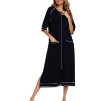 Bata larga de media manga con cremallera para mujer, ropa de dormir de longitud completa, Camisón con bolsillos, bata de baño - details 7