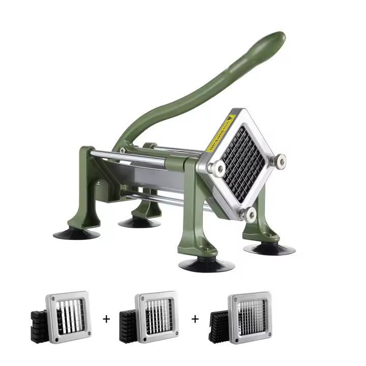 SucceBuy Cortador de patatas fritas, rebanador de patatas con cuchillas de acero inoxidable de 1/2" y 3/8", picadora manual con ventosas para patatas, verduras - 1