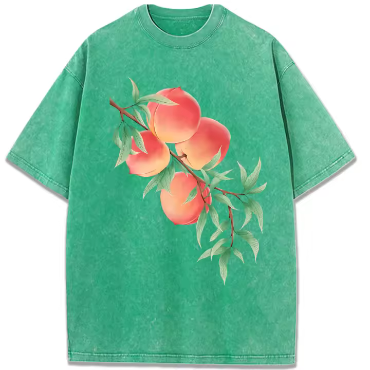 Camisetas lavadas con estampado de melocotones frescos en ramas para mujer, camiseta suave de verano, Top transpirable Y2K, camiseta holgada de algodón de manga corta - 1