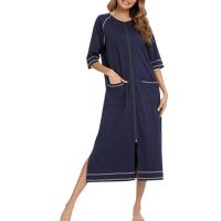 Bata larga de media manga con cremallera para mujer, ropa de dormir de longitud completa, Camisón con bolsillos, bata de baño - details 6
