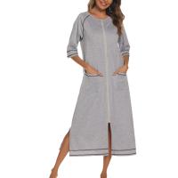 Bata larga de media manga con cremallera para mujer, ropa de dormir de longitud completa, Camisón con bolsillos, bata de baño - details 17