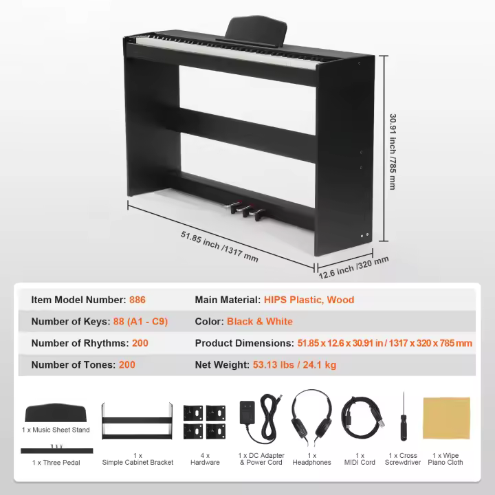 SucceBuy Piano digital contrapesado: 88 teclas totalmente contrapesadas, teclado dual, parlantes, 200 tonos/r ritmos, Bluetooth/USB/MIDI - 1