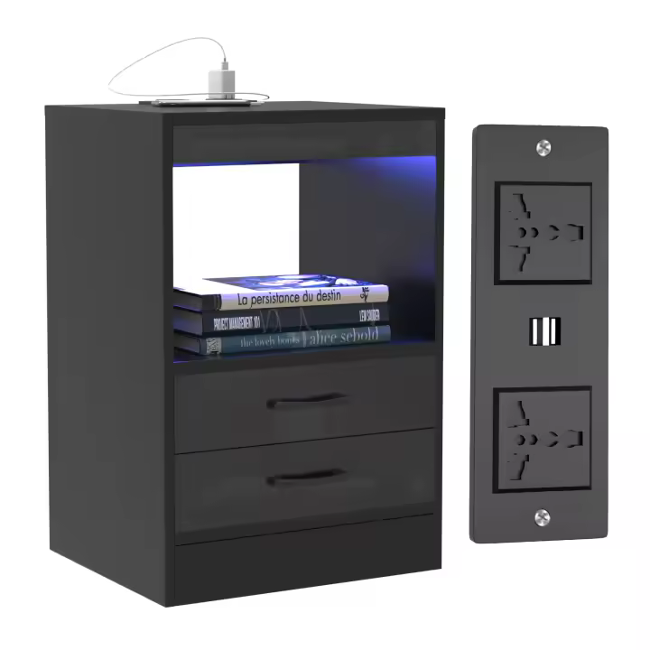 Rcynview Mesa de Noche - Rectángulo de 40x35cm, con 2 Cajones, Luz LED, Toma de Carga, Madera - 1