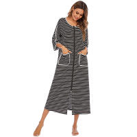 Bata larga con cremallera para mujer, ropa de dormir de longitud completa con bolsillos, camisón de manga 3/4, bata de baño - details 7