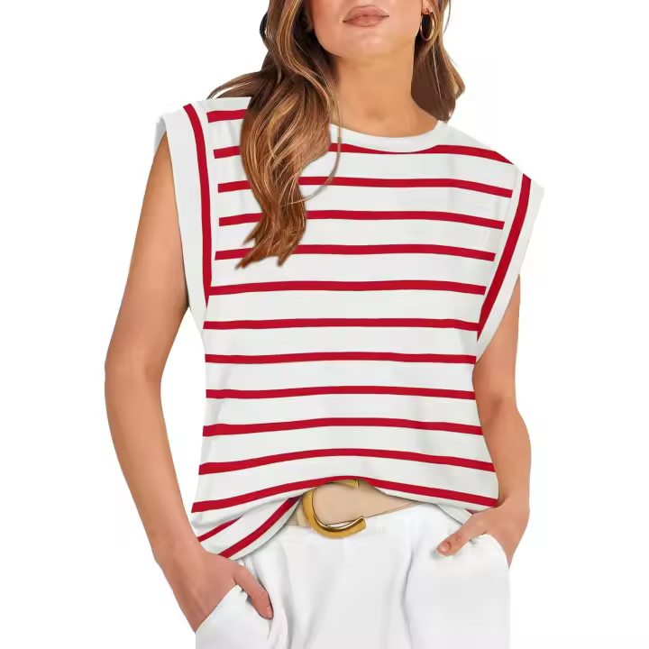 Camiseta a rayas de manga raglán para mujer, Tops de verano a rayas rojas Macron S - 1