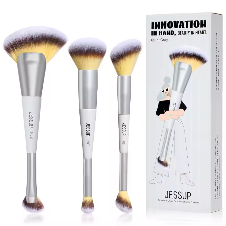 Juego de Brochas de Maquillaje Jessup, 3/7 Piezas, Brochas de Maquillaje de Doble Punta, Brochas de Maquillaje Sintéticas de Primera Calidad para Base, Contorno, Rubor, Iluminador, Difuminado, Cejas, Sombras de Ojos, Corrector, con Bolsa, Gris Claro T520 - 1