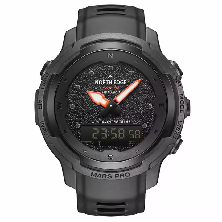 Reloj de Deporte Exterior NORTH EDGE MARS PRO para Hombres con Caja de Fibra de Carbono Compás Altímetro Barómetro Temperatura 50M Impermeable Color Negro Material del Correa Silicona - 1