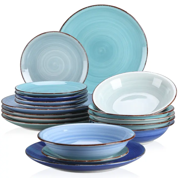 Platos de Cena Vancasso BONITA Azul 18 Piezas Juego de Platos de Sopa y Postre Cerámica Adecuado para 6 Personas Hecho en China - 1