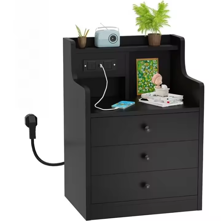 Rcynview Mesa de Noche Diseño Rectangular de Madera 45cm de Ancho 3 Cajones Estación de Carga USB - 1