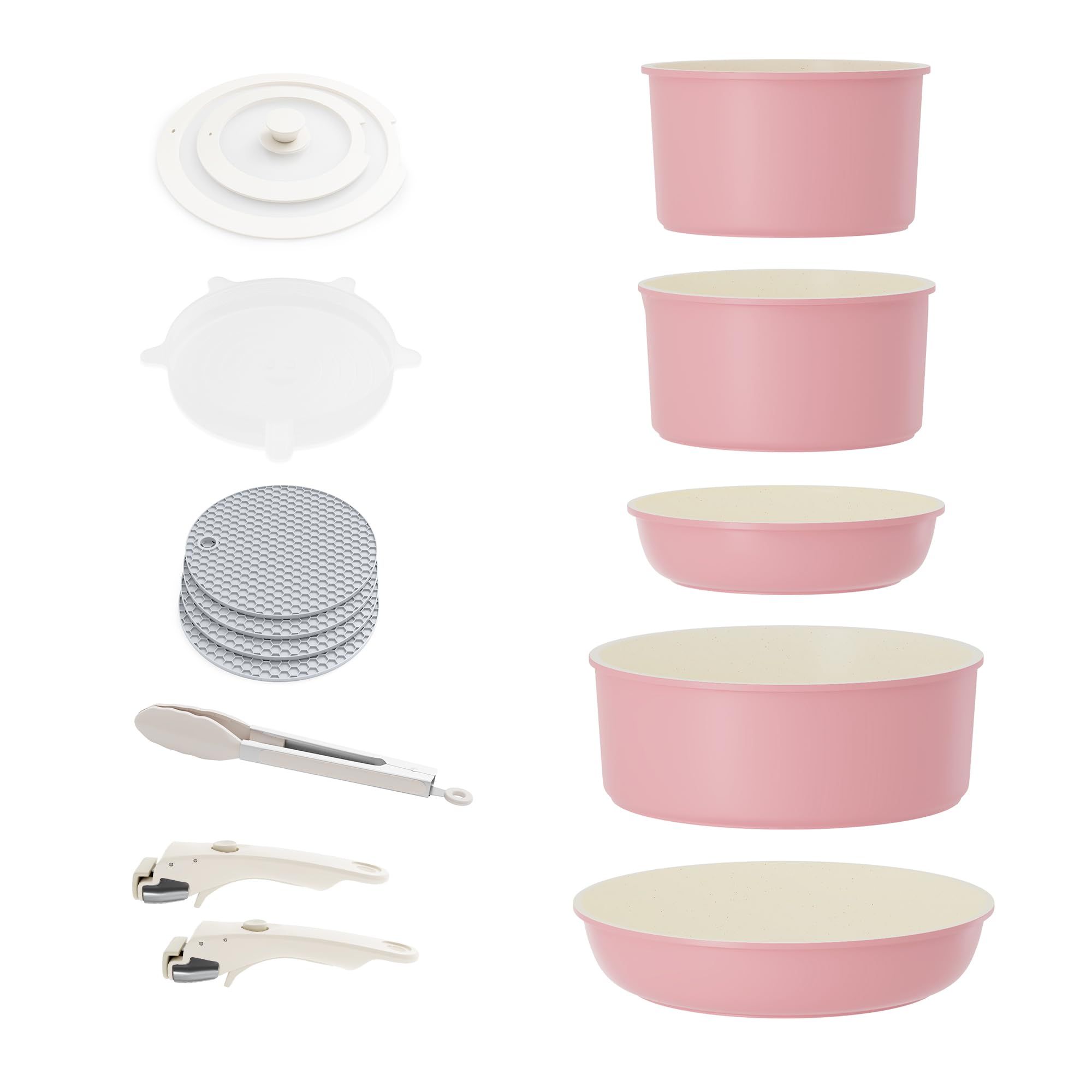 RIOVARM Inducción Juego de ollas y sartenes con asas Desmontables, Apilable Antiadherente Granito Sartenes y ollas con Tapas, Ahorro de espacio, Juegos de sartenes, Sin PFOA, Sartén