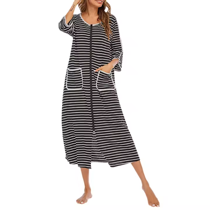 Bata larga con cremallera para mujer, ropa de dormir de longitud completa con bolsillos, camisón de manga 3/4, bata de baño - 1