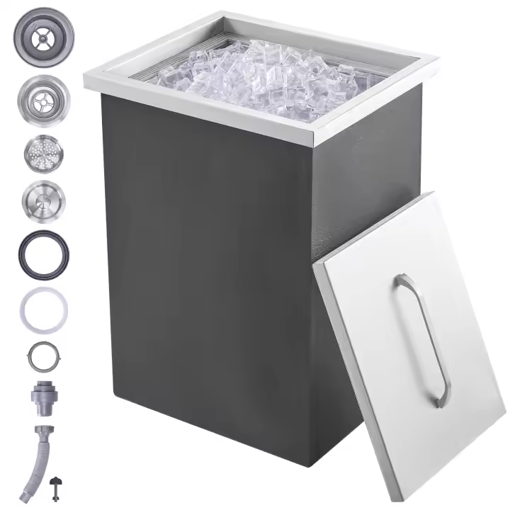 SucceBuy Nevera de hielo empotrable, refrigerador de acero inoxidable de 14 pulgadas de largo x 12 pulgadas de ancho x 18 pulgadas de alto, contenedor de hielo para cocina al aire libre de 40 cuartos con tapa, tubo de drenaje, tapón para vino y cerveza - 1