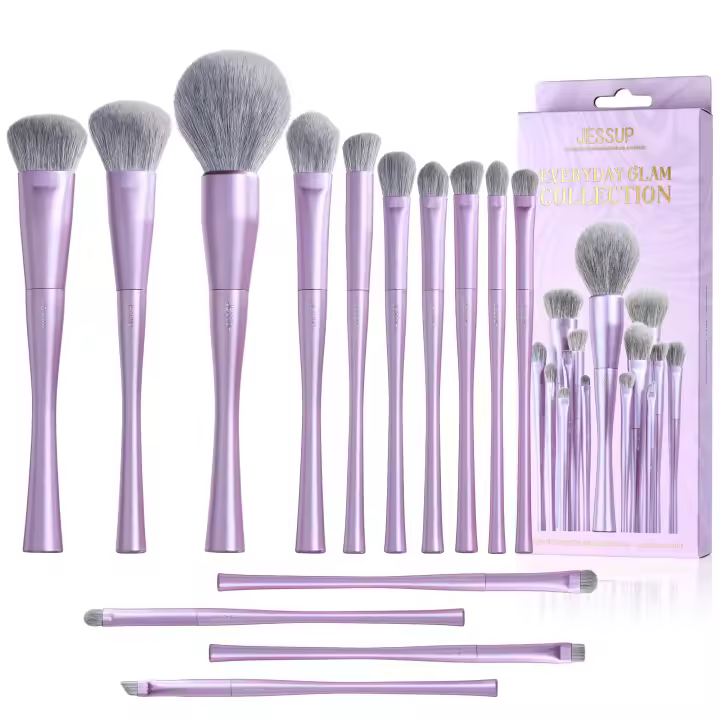 Jessup - Juego de 14 brochas de maquillaje veganas profesionales para base, sombras de ojos y polvos de contorno, morado de lujo T512 - 1
