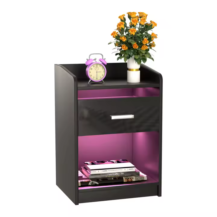 Rcynview Mesa de Noche LED Diseño Rectangular Moderno con 1 Cajón Iluminación LED 16 Colores - 1