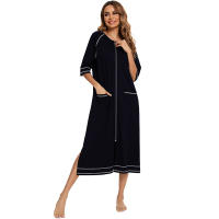 Bata larga de media manga con cremallera para mujer, ropa de dormir de longitud completa, Camisón con bolsillos, bata de baño - details 10