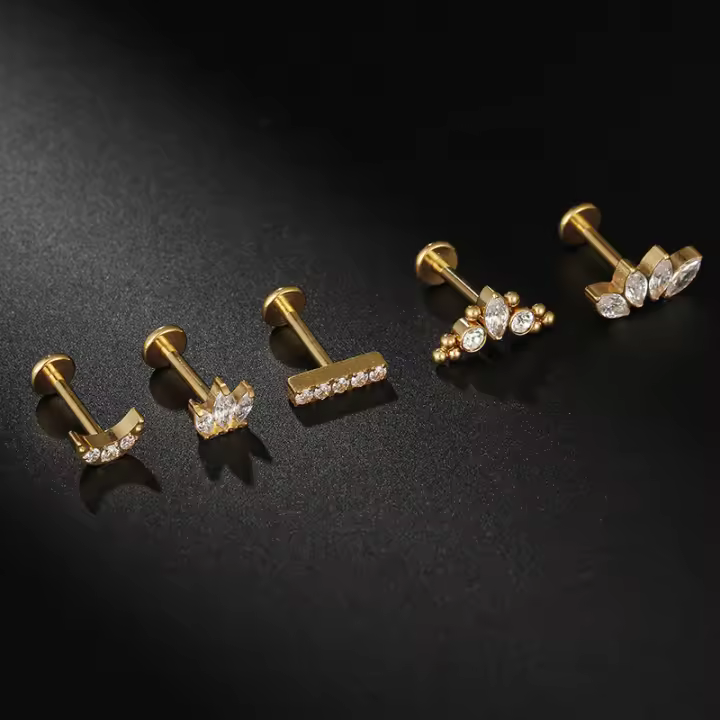 Pendiente de titanio G23 para Piercing de oreja, joyería para cartílago, Labret, tornillo de labio, Parte posterior plana chapada en oro, 1 unidad, F136 - 1