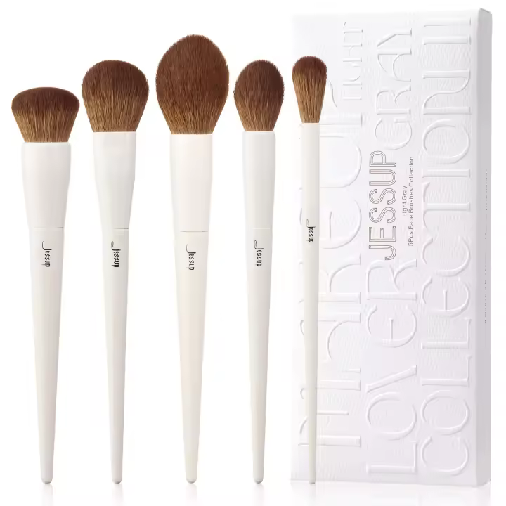 Jessup - Juego de 5 brochas de maquillaje veganas para base, rubor, bronceador, contorno y polvos fijadores, gris claro, T493 - 1